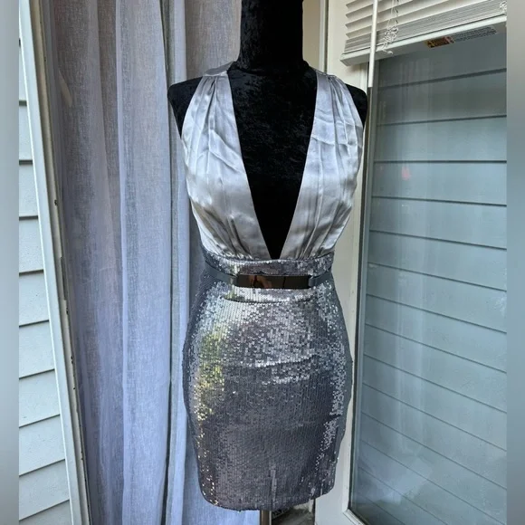 Bebe Silver Satin and Sequin Cocktail Dress Size Small - Picture 1 of 3